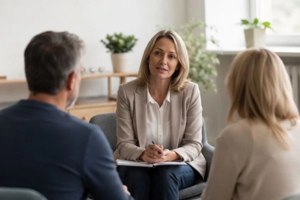 Couple discussing financial arrangement , pensions in divorce Harlow